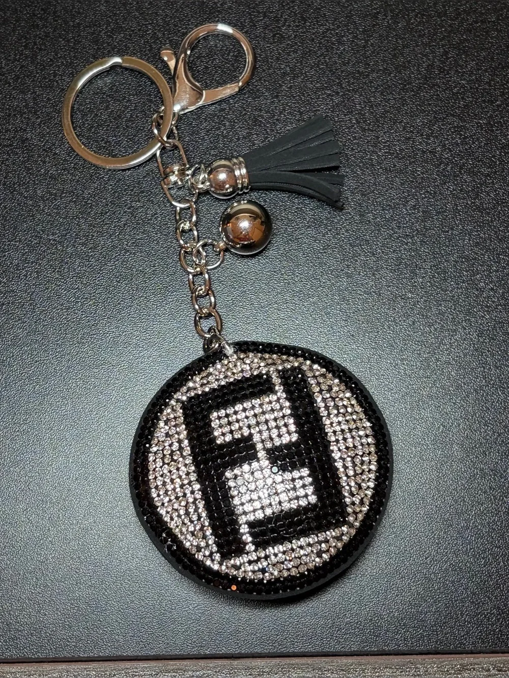 Black and Silver Rhinestone Round Keychain with Tassel